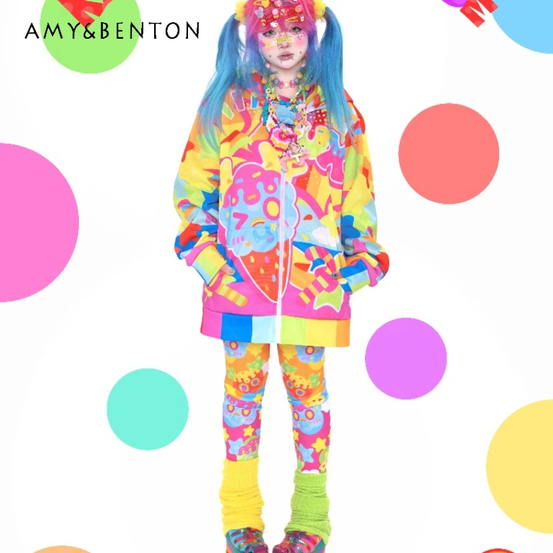 

Original Design Multi-color Rainbow Cartoon Print Women's Leggings 2025 Summer Japanese New High-waisted Thin Yoga Pants Ladies
