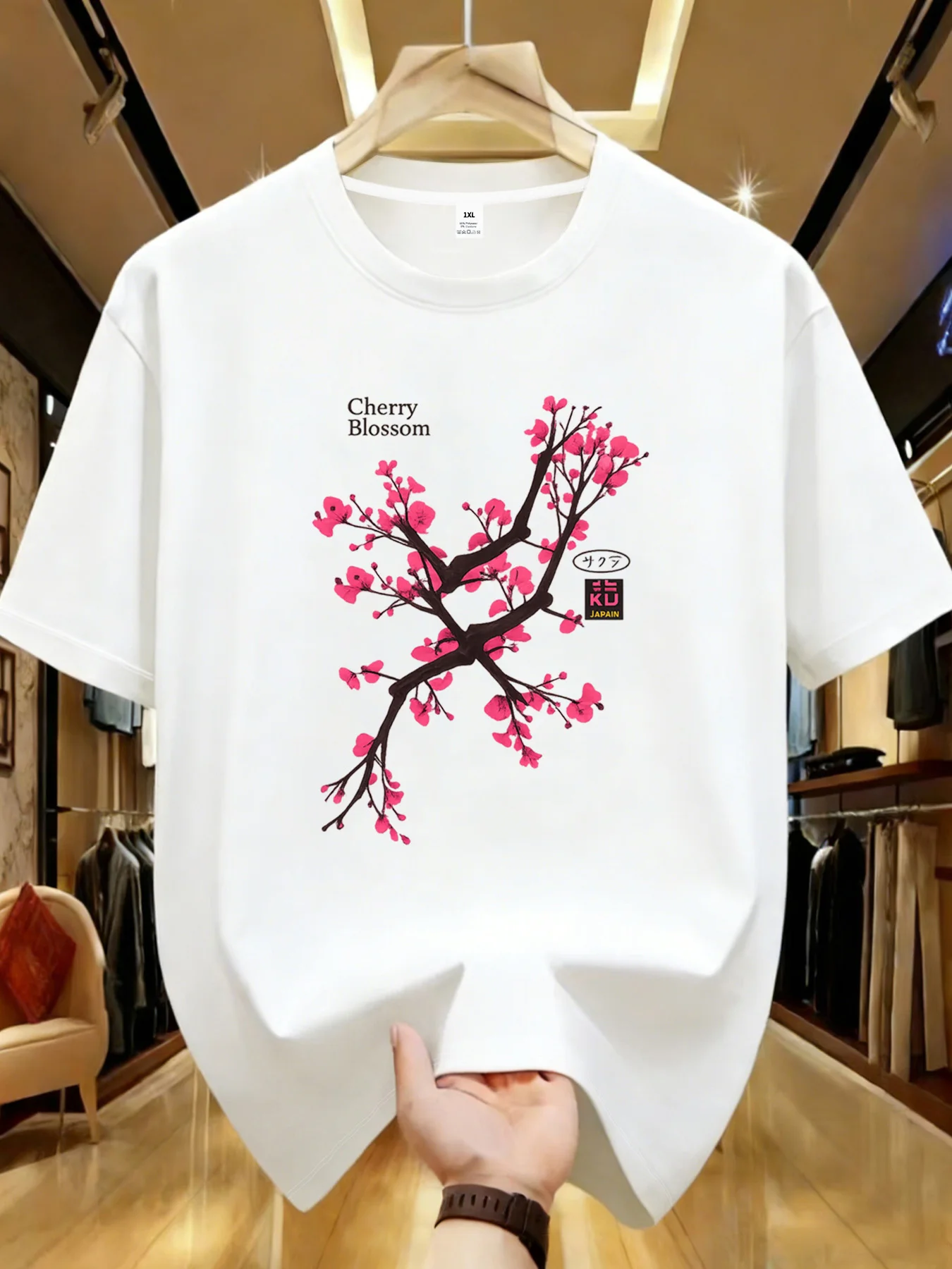 

【YJ00037】Pink cherry blossom tree Plus size women's round neck short sleeve T-shirt with elastic half sleeves and trendy prints