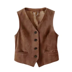 100% Genuine Cowhide Women's Vest Tops 2024 Autumn New Vintage British Style V-neck Cow Suede Female Casual Short Waistcoat Tops