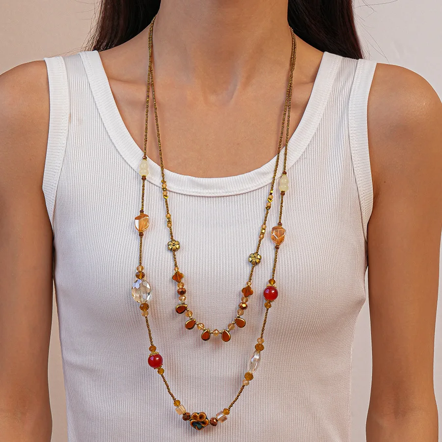 Bohemian Glass Crystal Long Chain Necklaces for Woman Water Droplet Flower Ceramic Beads Necklace Ethnic Style Party Jewelry