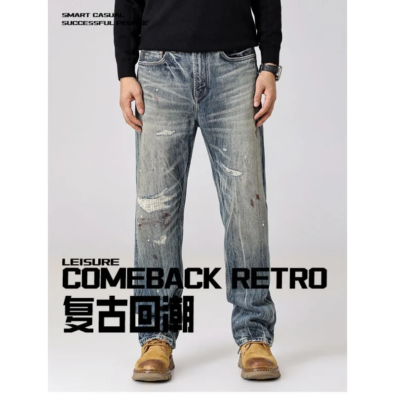 جينز ريترو للرجال، تصميم عتيق راقي، ملابس الشارع، سراويل طويلة رائعة وعصرية، كشط وممزقة بأرجل مستقيمة