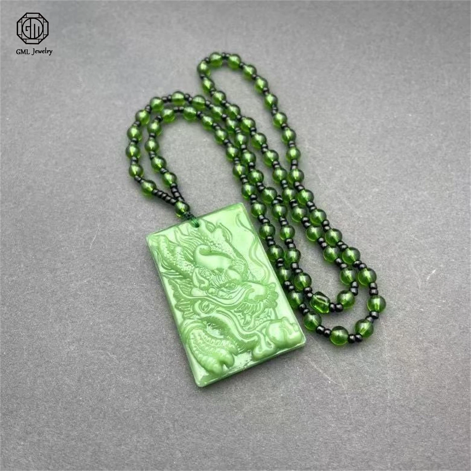Imitation Green Jade Dragon Phoenix Pendant Long Chain Sweater Necklace Majestic Dragon Plaque Unisex Jewelry Gift