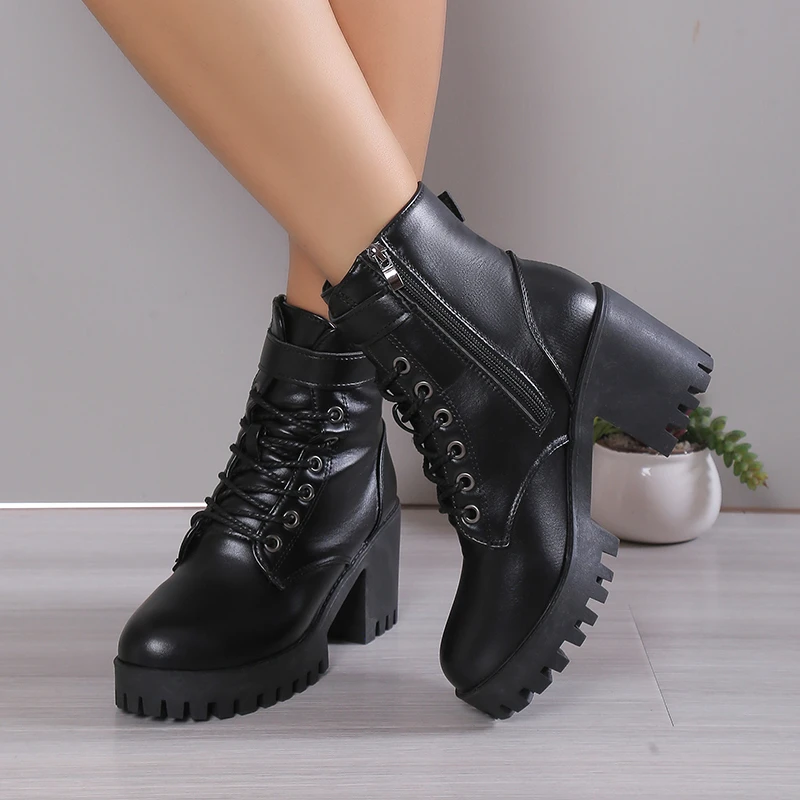 Winter New Fashion Comfortable Elegant Square with Women\'s Shoes Side Zipper Round Head Solid Color Simple Thick Heel Boots