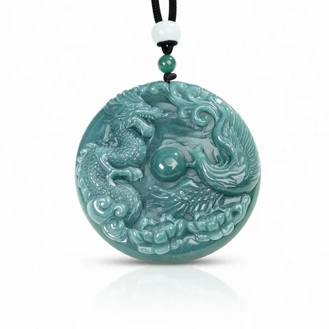 TIMESWIND Original A-Type Jade Blue Dragon Phoenix Auspicious Carving Pendant Men Women Necklace Gift with Certificate