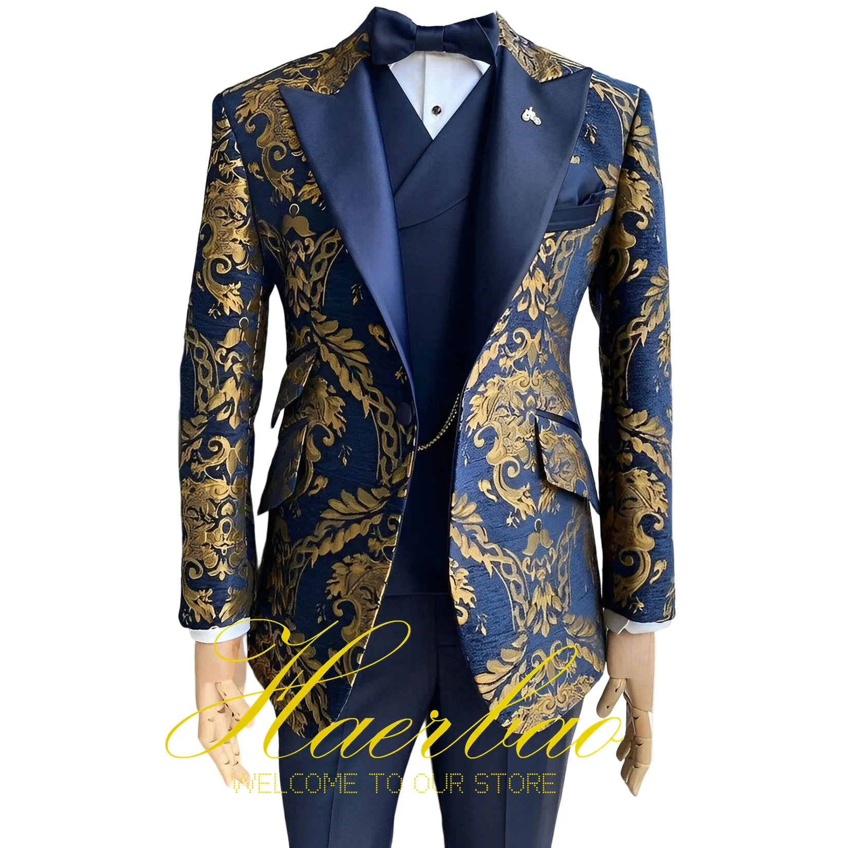 Marineblauer Bräutigam-Hochzeits-Smoking-Herren-Blazer, dreiteiliger Anzug (Jacke, Hose, Weste), schmale Passform, formelle Partykleidung