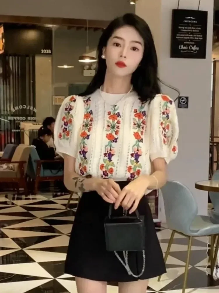 2024 Ropa Mujer Knitted Puff Sleeve Tshirts Women Short Embroidery Flower T Shirt Casual Vintage O Neck Y2k Summer Tees