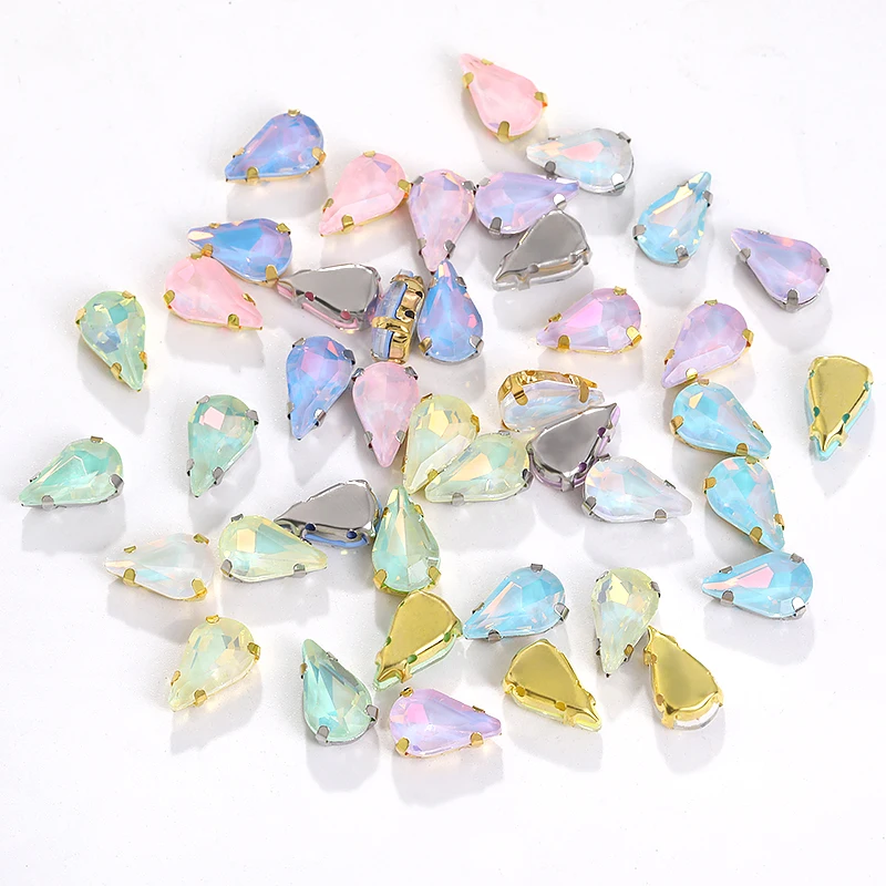 10PCS Opal Drop Rhinestones With Copper Claw Accessories Glass Gems Crystal Sewing Stones Beads DIY Crafts Clothes Decoration