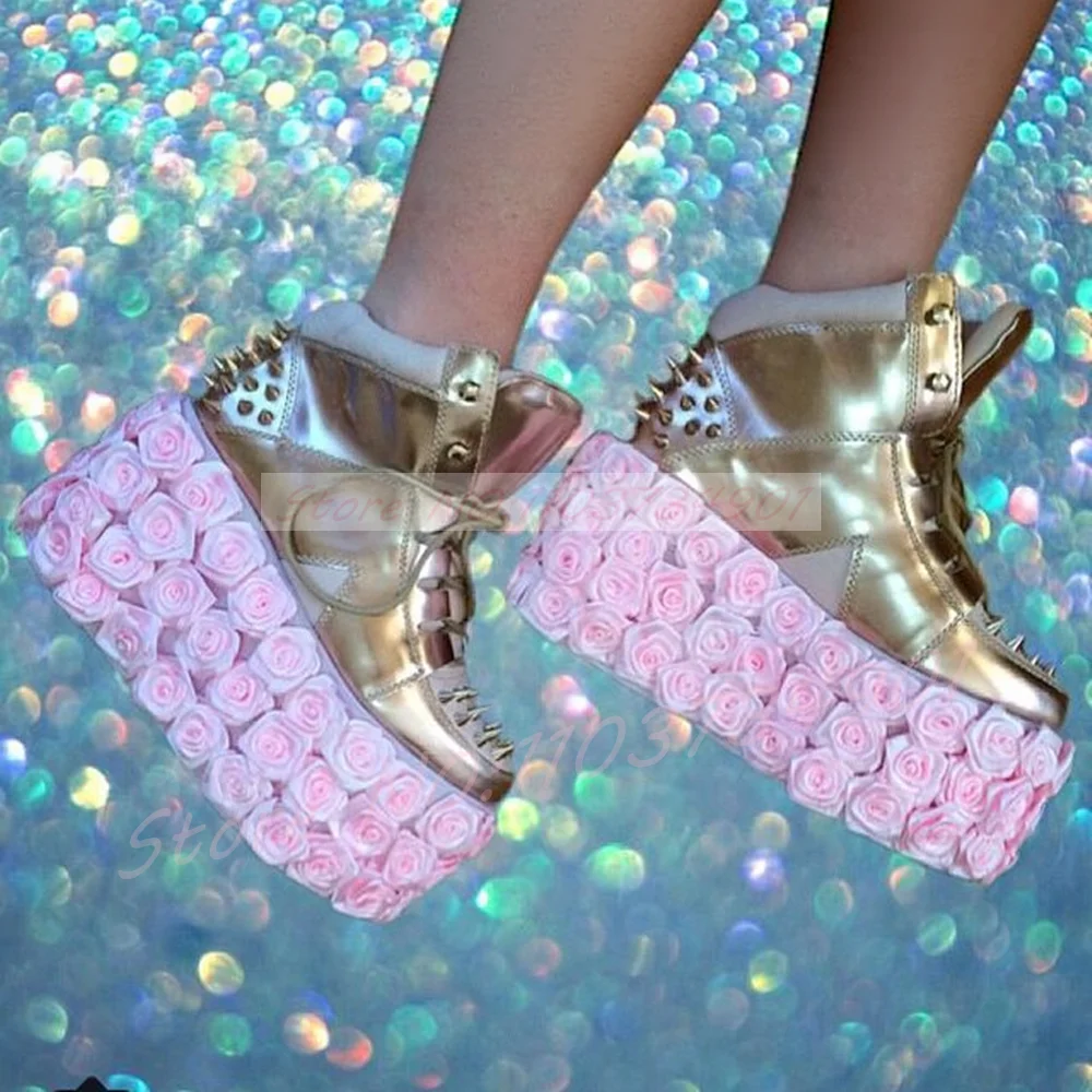 3D Pink Rose High Top Platform Sneakers Boots Women Spiked Rivet Lace Up Metallic Gold Ankle Boots Flower Goth High Heels Shoes