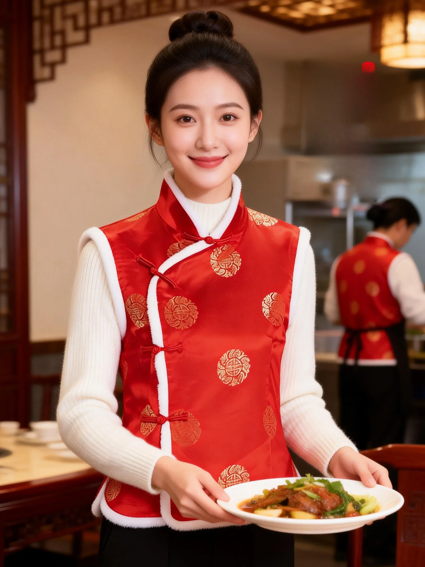 

Winter New Sle Large Flower Cottonadded Manin Collar Vest for Women Restaurant Farmhouse Dining Iron Pot Stew Workers