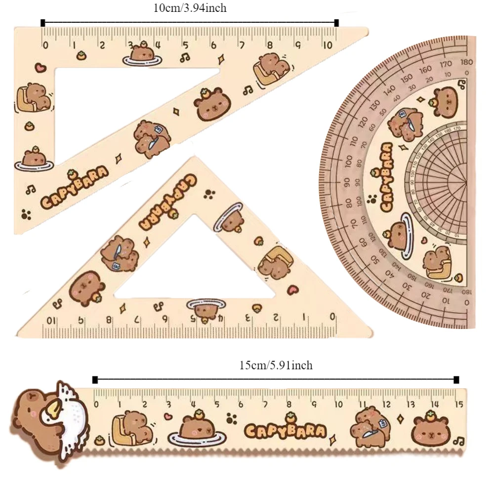 크리에이티브 아크릴 카피바라 눈금자 세트, 사무용품, 귀여운 만화 소프트 눈금자 세트, 드로잉 도구 세트, 사각형, 4 개/세트