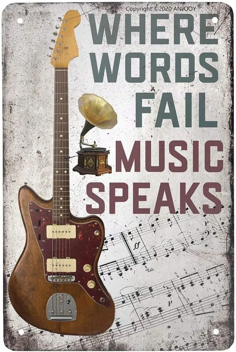 ANJOOY Vintage Metal Guitar Tin Sign - Where Words Fail Music Speaks -Musical Bar Pub Cafe Wall Kitchen Bathroo Poster Karaoke R