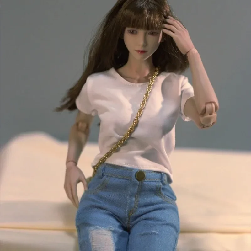 

In Stock 1/6 Scale Soldier Clothes Simple White T-shirt Ripped Jeans Set Doll Model Accessory for 12" Female Action Figures Body