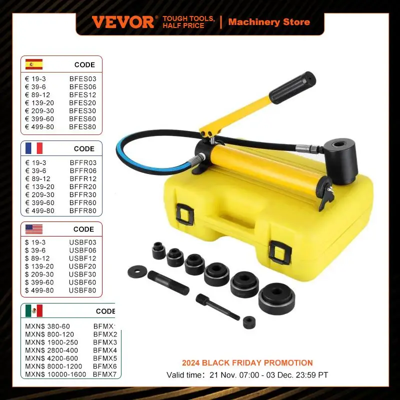 VEVOR 22-60mm Hydraulic Knockout Punch Driver Kit 6 Dies Steel Sheet Hole Opener Repair Tool Cutter Set 10Ton Manuel Hole Digger