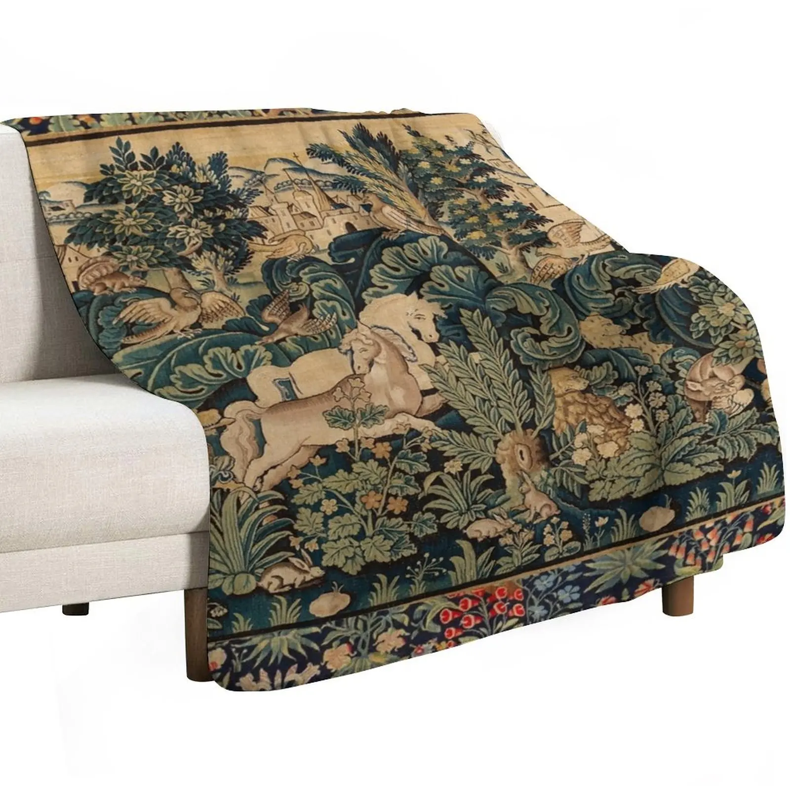 FANTASTIC ANIMALS AND HORSES IN WOODLAND Blue Green Ivory Antique French Tapestry Throw Blanket Sofa Quilt Heavy Blankets