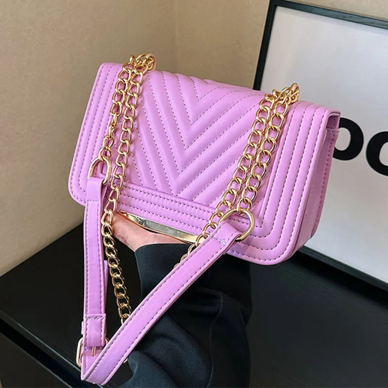 Top Brand Shoulder Bag Luxury Purple Bag Fashion Chain Handbag Female Embroidery Thread PU Leather Crossbody Bag Designer Sac