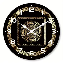 1pc round wooden wall clock, stylish Greek key gold patterned wall clock, noiseless silent clock, for living room bedroom, room
