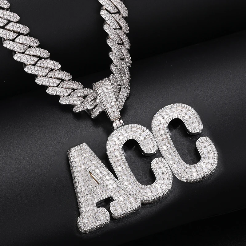 TUHE High Quality Styles Letter Pendant Baguette Moissanite Pendant Custom Name Necklace For Men Hip Hop Jewelry Gifts