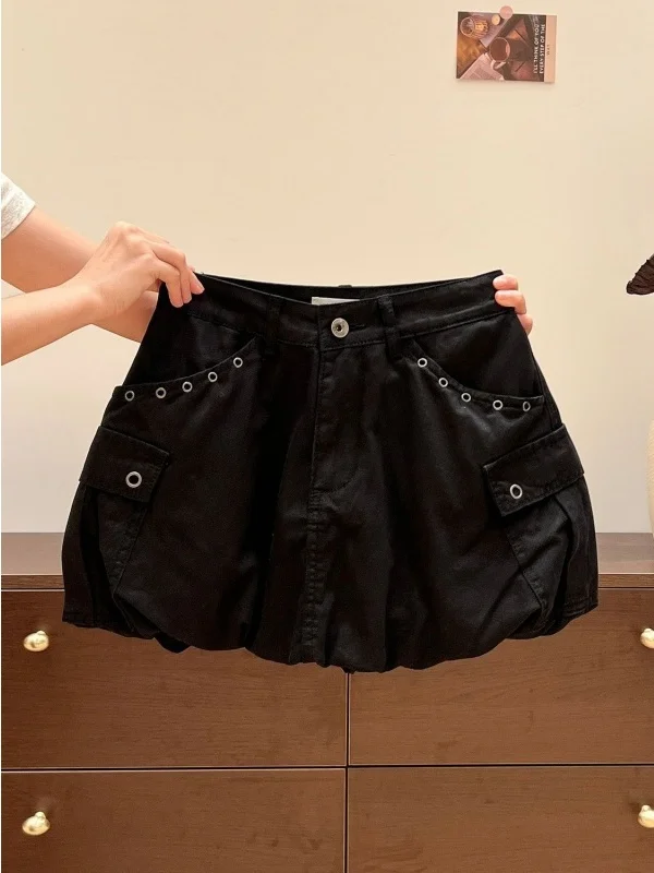 American Style Spicy Girl Bloom Short A-Line Skirt for Women Rivet Design Workwear Skirt High Waist Slim Fit Commute Style