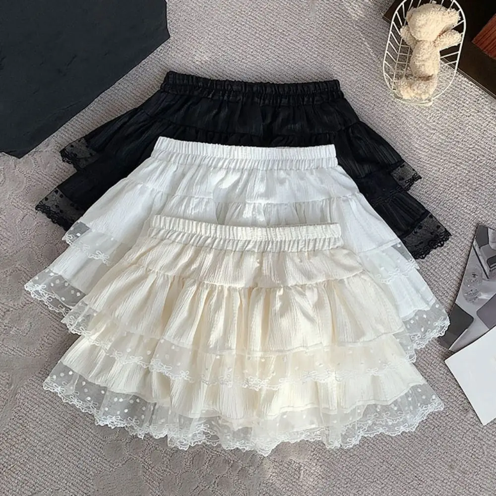 Soft Dots Puffy Cake Skirt Women Sweet Textured Lace Bowknot Short Skirt Multi-layer High Waist A-Line Short Skirt Summer