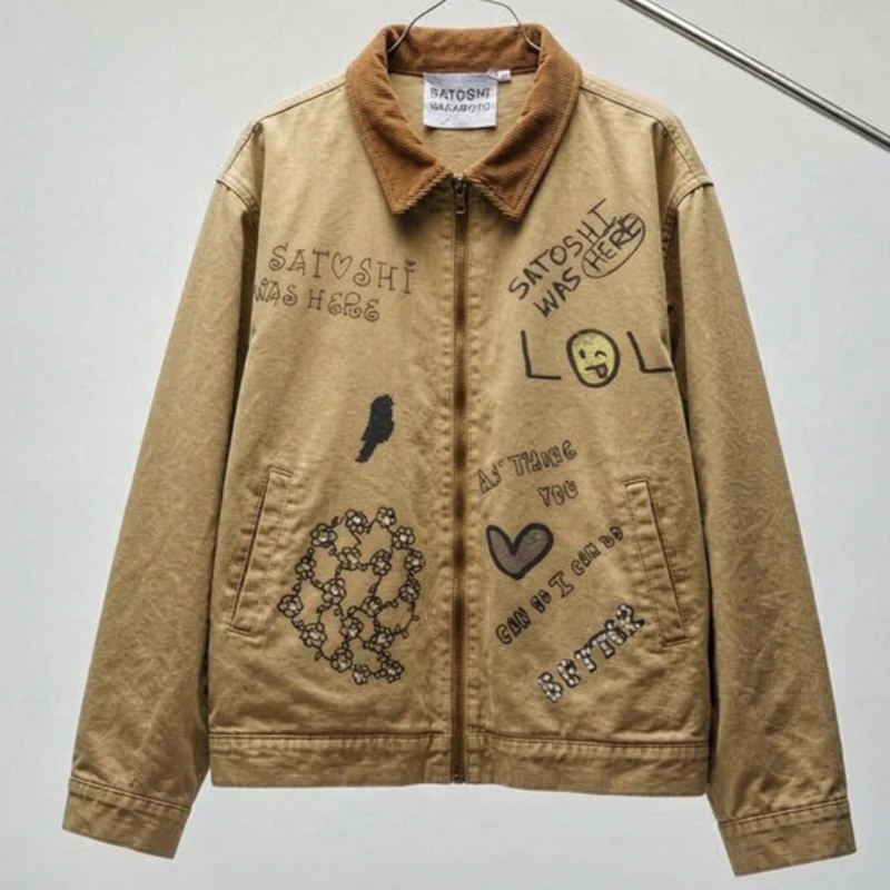 SATOSHI NAKAMOTO Men Vintage Washed Canvas Jacket Front Hand Drawn Graffiti Graphic Streetwear Coat
