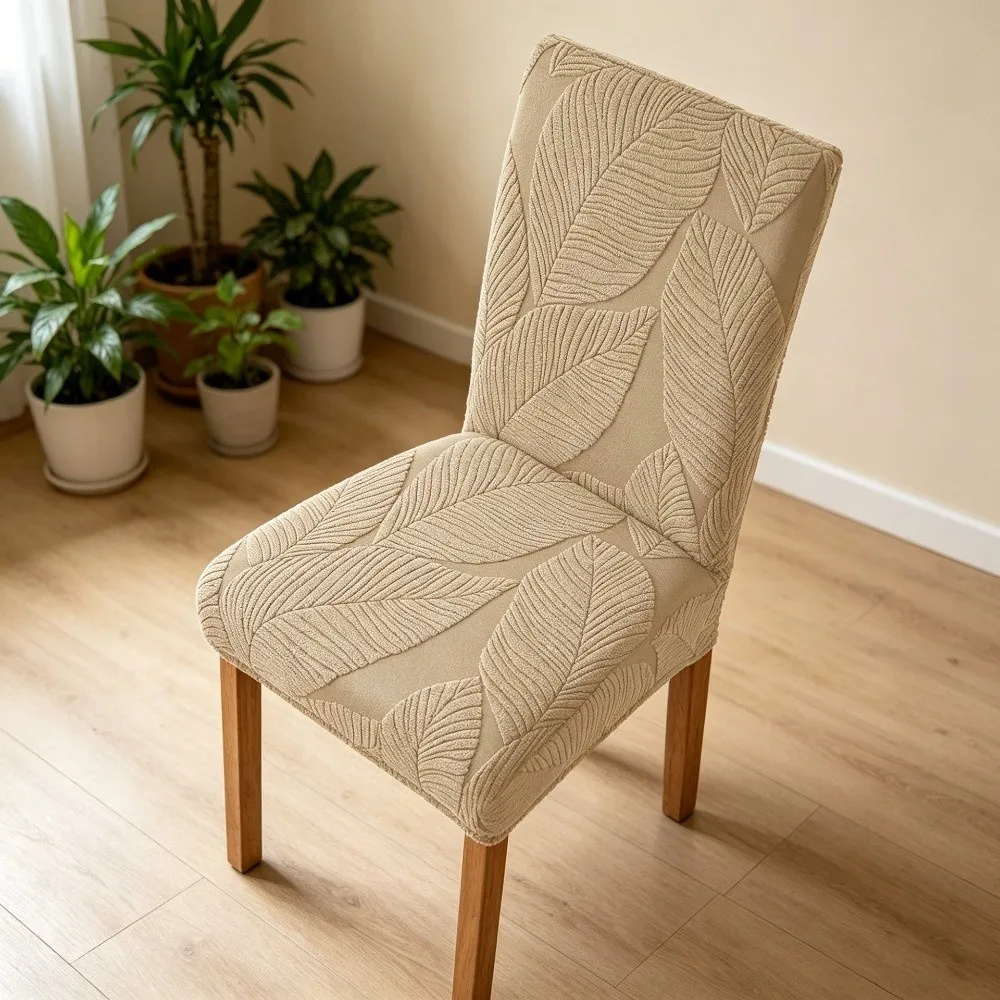 Full Cover Stretch Dining Chair Cover 3D Leaf Scratch Proof Jacquard Chair Cover Stain Resistant Woven Fabric Chair Slipcover