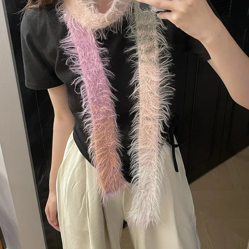 Spice Girl Style Tie-dyed Knitted Long Scarf Fashionable Plush Fluffy Scarf Women\'s Imitation Mink Fur Y2K Party for Warm Wrap