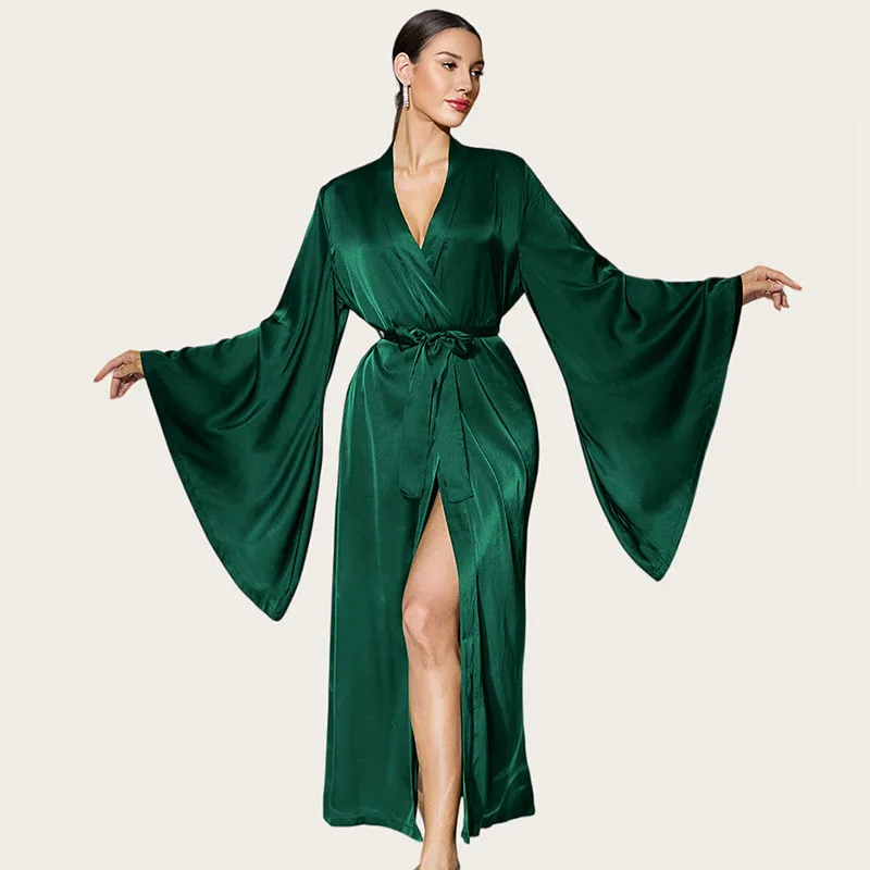 Women's Nightgowns Big Bell Sleeve Shower Robe Luxury Satin Sleepwear Silky Solid V-Neck Nightwear With Belts Dressing Gown
