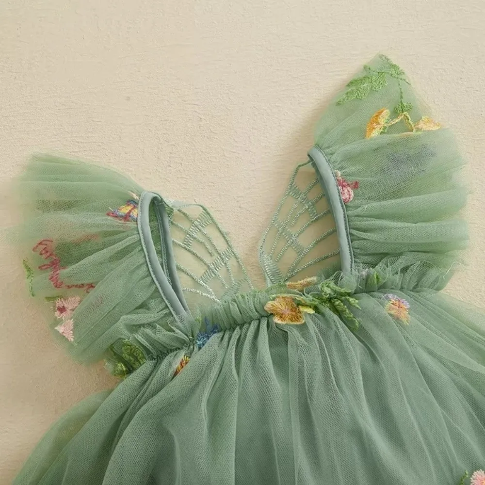 Polyester Girl Tulle Dress Butterfly Wing Sleeveless Princess Party Dress Snap Closure Floral Embroidered Dress Birthday Party