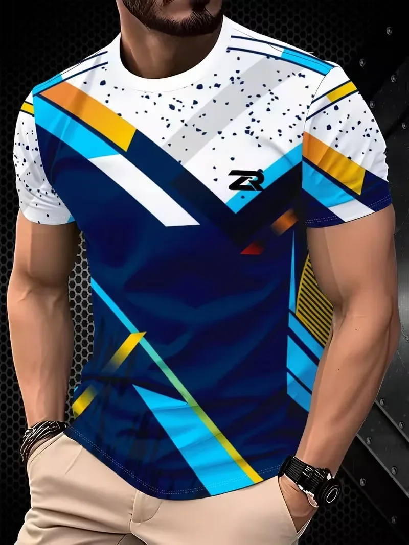 Fashion New Men's Gradient Color Sport T‑Shirt Rhombus Geometric Pattern Crew Neck Short Sleeve Athletic Casual Tee Tops