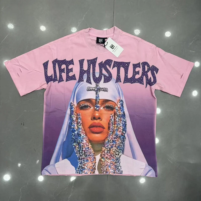 Couple Pink Hot Diamond Life Hustlers Short Sleeve Top Character Pattern Quality Cotton Comfortable Casual Round Neck T-shirt