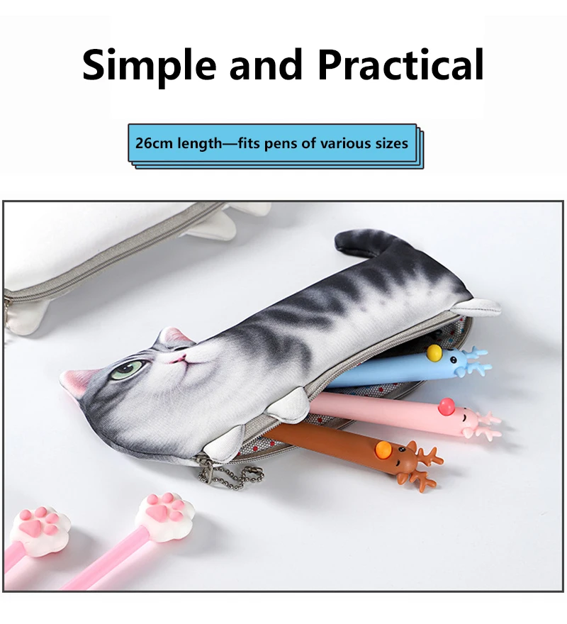 3D Simulation Cat Pen Bag Large Capacity Pencil Bag Stationeries Storage Bag Creative Funny Students School Office Supply