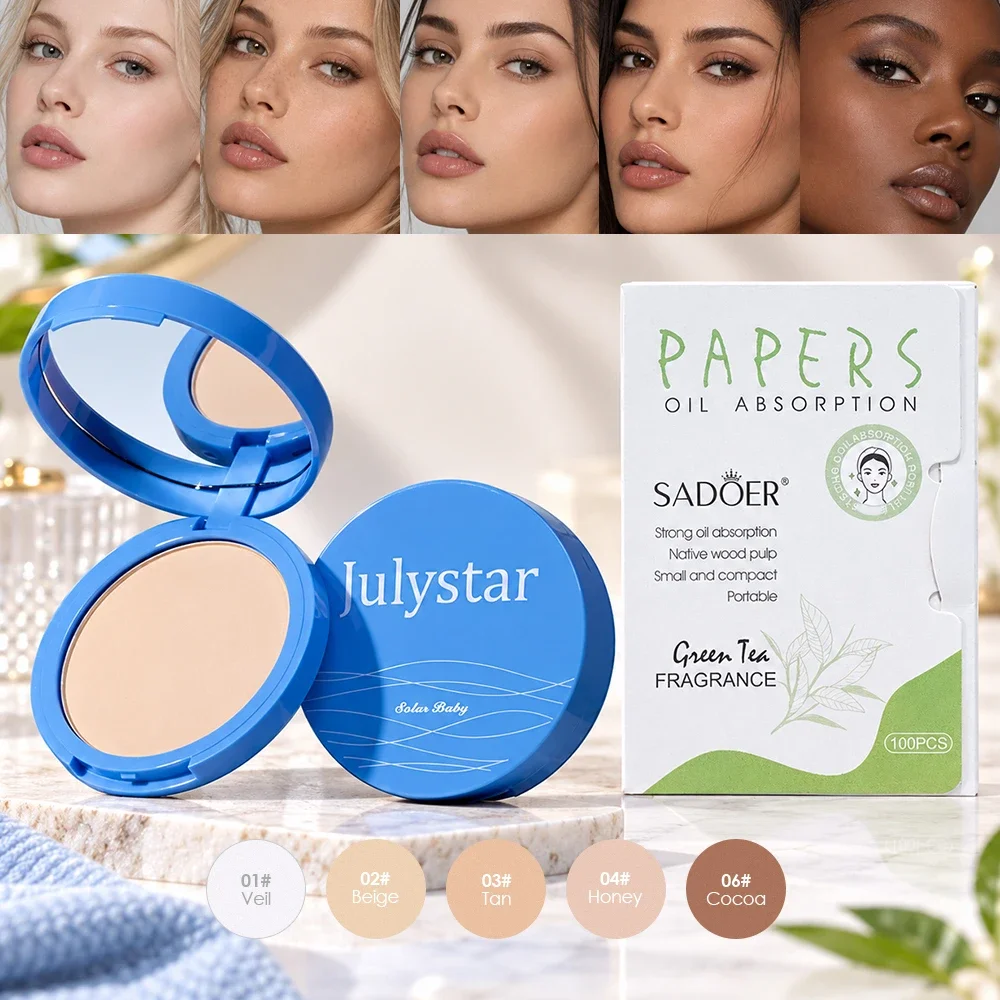 Portable Matte Compact Powder & Oil Blotting Papers Set, Long Lasting Oil Control Cosmetic Kit for Daily Makeup Touch Up