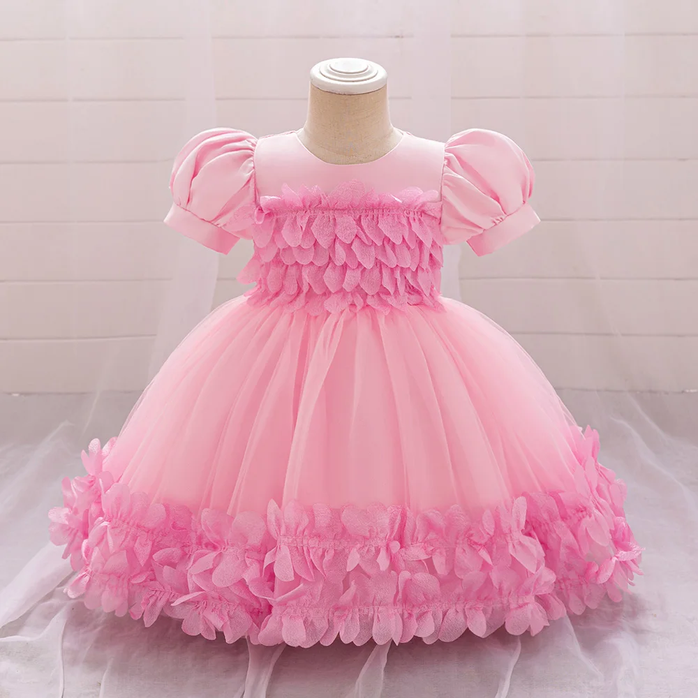 Cute Pink 1st Birthday Dress For Baby Girl Clothes Flower Princess Dress Girls Dresses Baptism Short Sleeve Party Gown 0-4Y