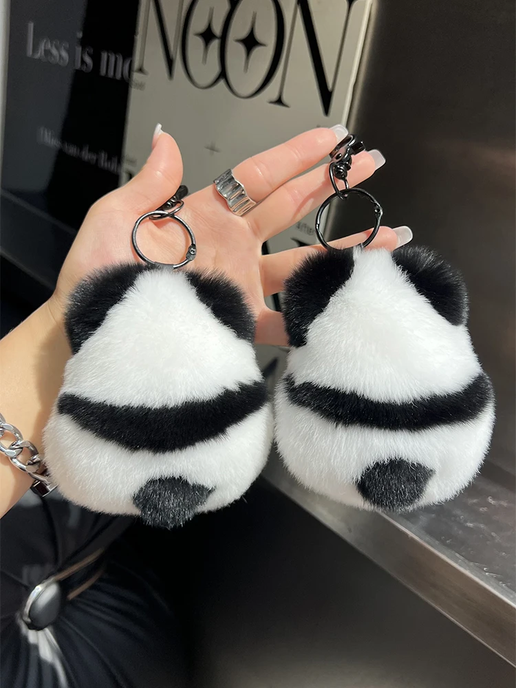 Plush Panda Real Rex Rabbit Fur Keychain Cute Toy Kids Schoolbag Pendant Women Bag Charm Car Keyring Trinkets Girls Classic Gift