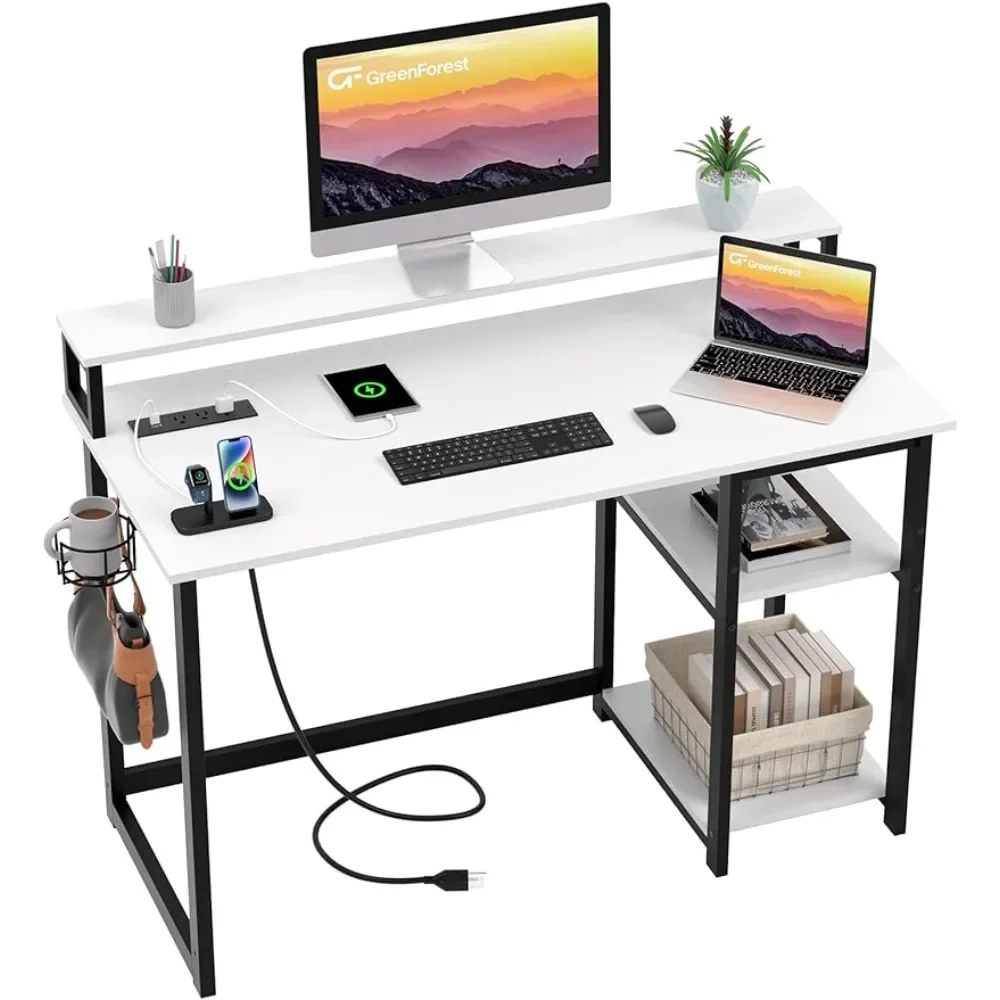 

GreenForest Computer Desk with USB Charging Port and Power Outlet, Reversible Small Desk with Monitor Stand and Storage Shelves