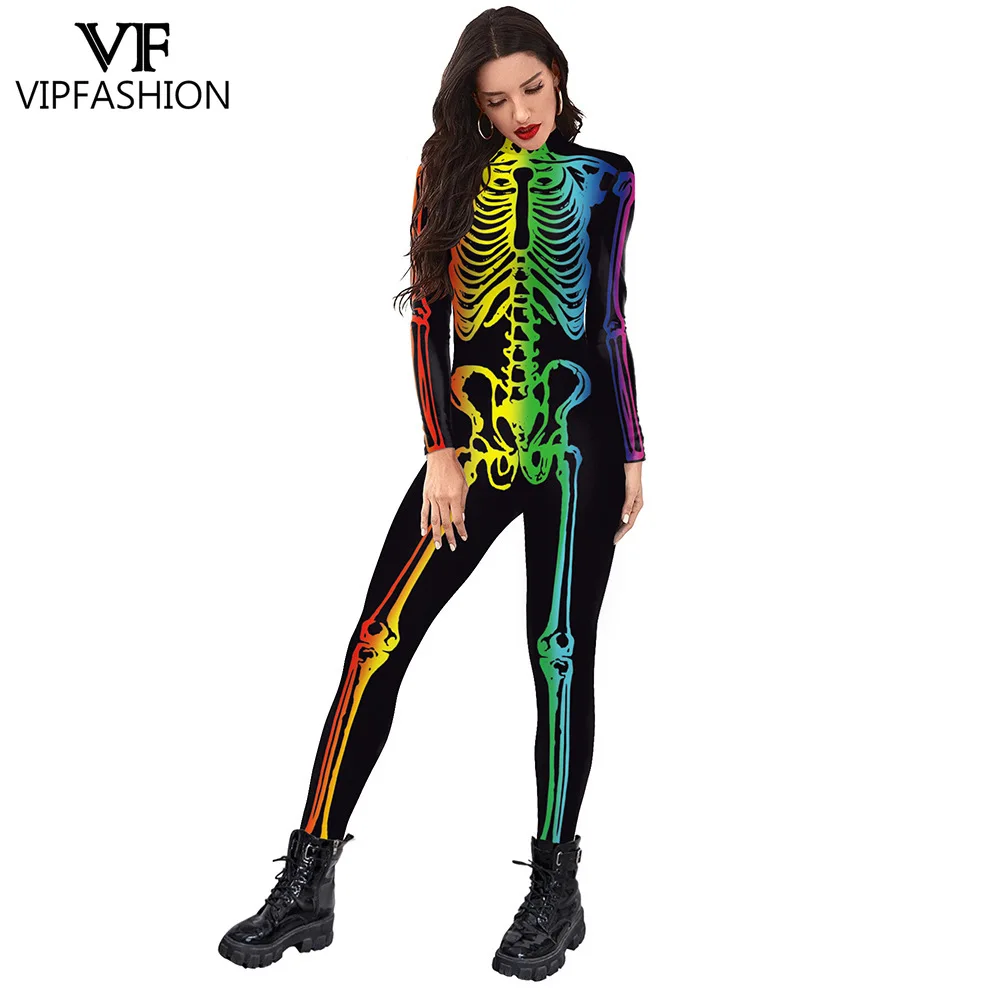 VIP FASHION Adult Halloween Colorful Skeleton Print Jumpsuit Fancy Cosplay Costume Rave Party Catsuit Spandex Zentai Bodysuit