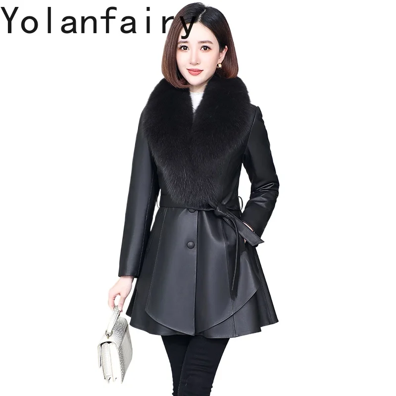 YOLANFAIRY معطف جلد الغنم الحقيقي خندق امرأة الخريف الشتاء منتصف طول سليم جلد طبيعي أسفل سترة الثعلب الفراء طوق
