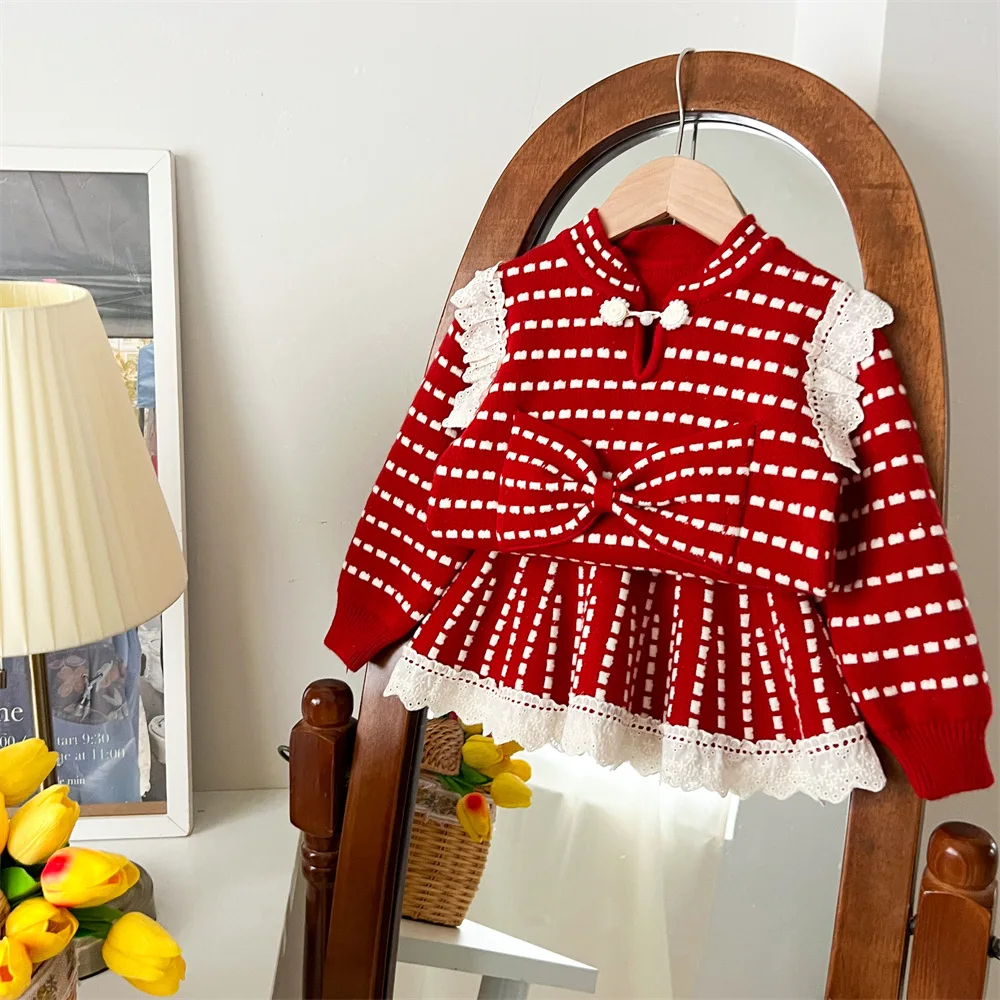 

2025 Spring Autumn Winter New Chinese Style Sweater Set for Girls Bow Knitted Two Piece Set for Baby Girls