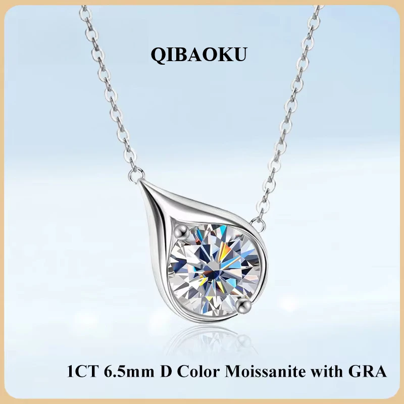 QIBAOKU Pear Teardrop Shape 1CT 6.5mm D Color Moissanite Pendant Necklace for Woman GRA S925 Silver GRA Diamond Neck Chain 2026
