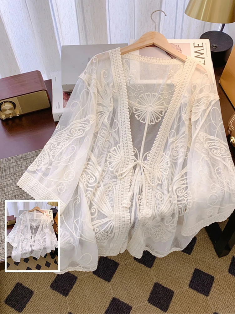 

Ele однотонная кружевная вышивка большого размера, женская свободная тонкая верхняя одежда с v-образным вырезом и поясом, летний повседневный кардиган irt