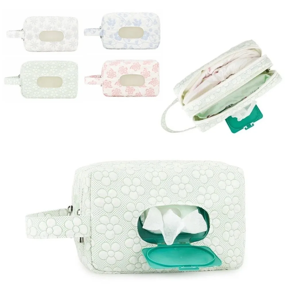 2-in-1 Baby Diapers Storage Pouch Wide Opening Double Zippers Stroller Storage Bags with Handle Flower Pattern Diaper Holder