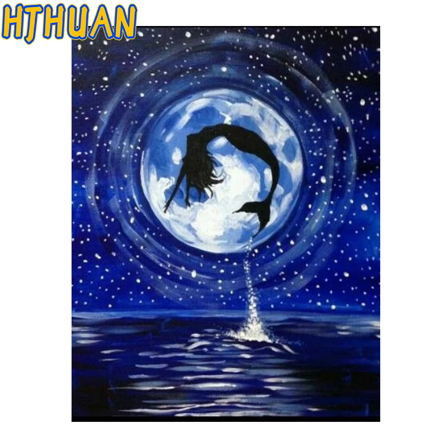 DIY 5D Diamond Embroidery, Cartoon Mermaid, jumping out of the Water, Handmade, Round Inlaid Rhinestone, Home Decoration