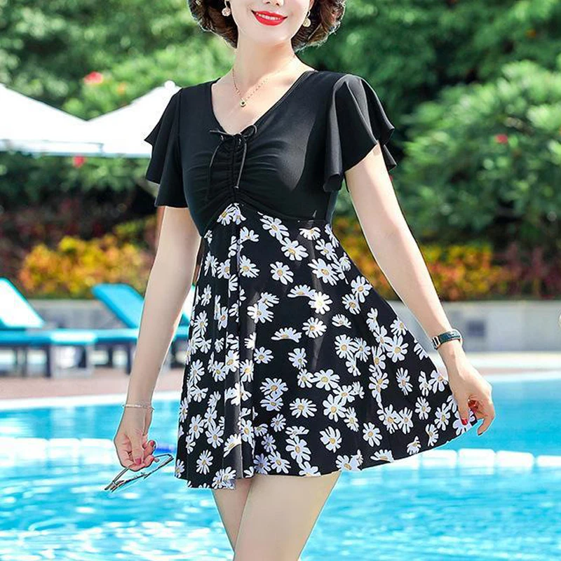 Women Floral Print Patchwork Lace Up Two Piece Swimsuit 2023 Summer Elegant Fashion Short Sleeve Slim Beach Mini Dress Swimwear