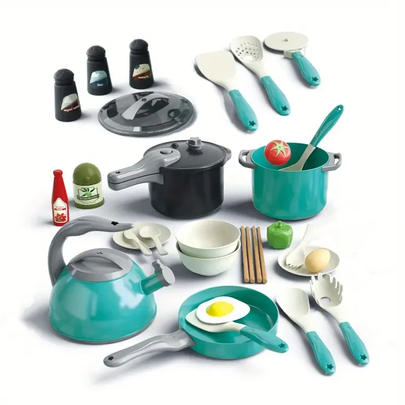 32pcs Children's Toys Play House Kitchen Toy Set, Pretend Cooking Toy Set Accessories with Pots, Cutlery, Food,Canned Vegetables