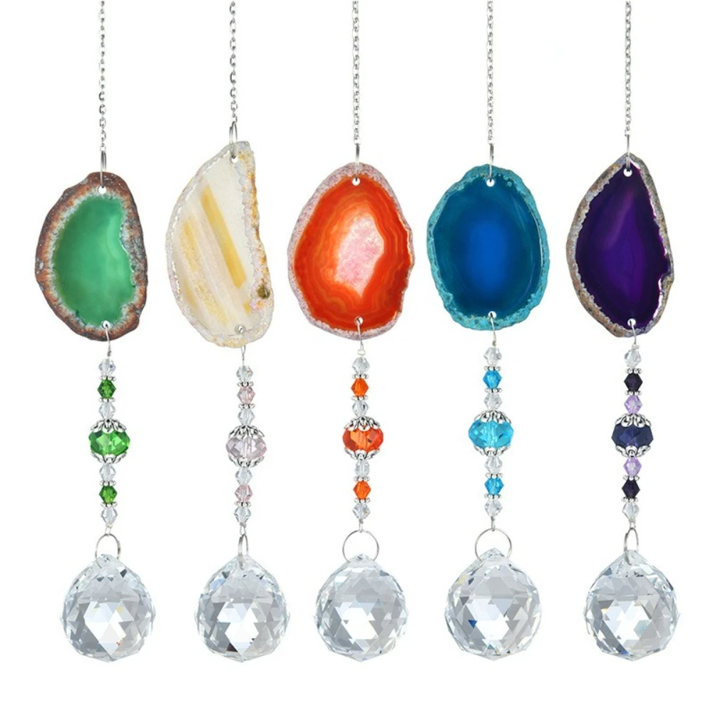Natural Colorful Crystal Agate Sun Catcher Rainbow Prism Ball Crafts Crystal Wind Chime Rainbow Maker Garden Pendant Suncatcher
