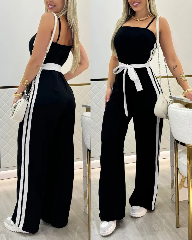 Women's Striped Solid Color Full-Length Jumpsuit Sleeveless Spaghetti Strap Tied Detail Casual Wide Leg Romper Sexy and Elegant