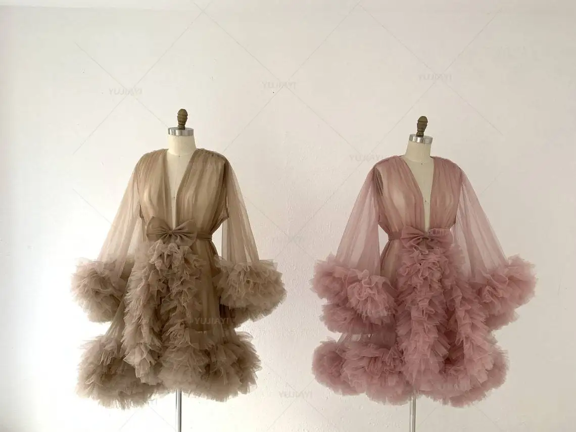 Women Dressing Gown Short Tulle Robe Puffy Pregnancy Maternity Dress Nightgown Bridal Boudoir Lingerie Sleepwear for Photoshoot