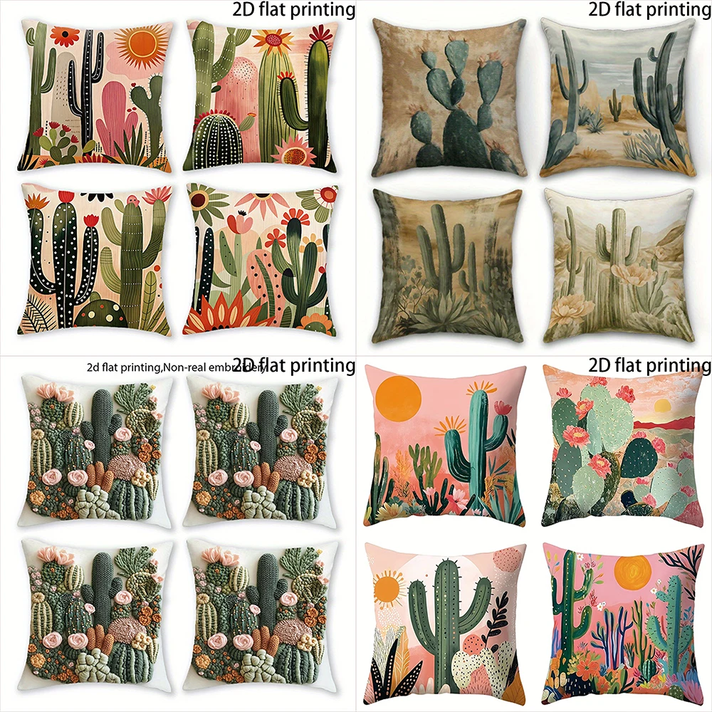 Short plush material pillowcase2D FLAT-4 pieces Cactus Pattern Pillow Covers , Suitable for family sofas, farmhouse decoration c