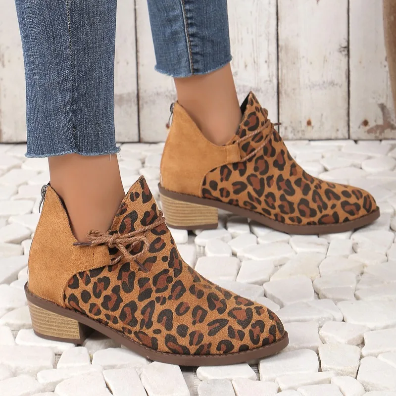 New Style Design Leopard Print Women's Boots Autumn Winter Pointed Toe Luxury Boots Low Heel Non Slip Casual Female Ankle Boots