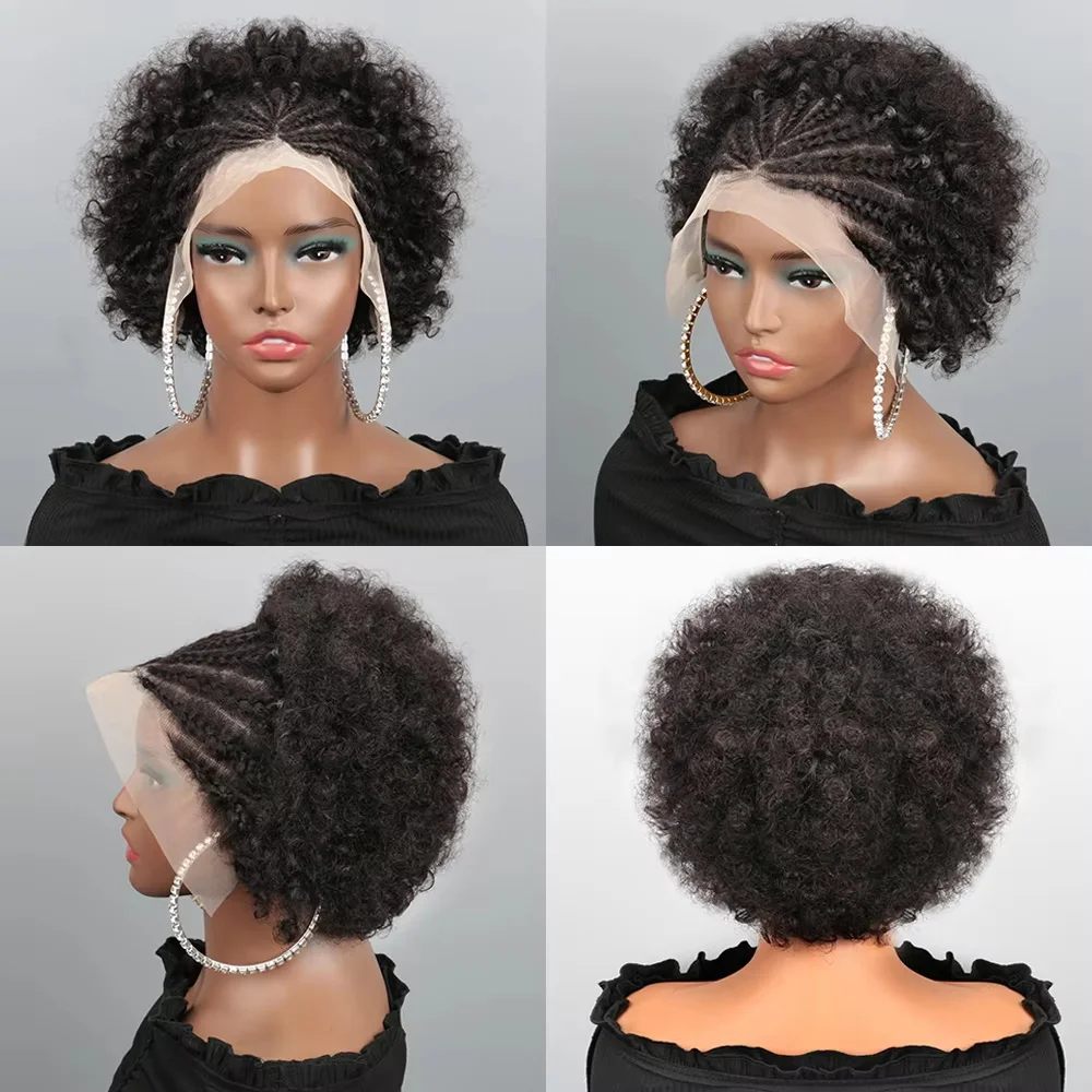 

Afro Puff Kinky Curly Braided Wigs Human Hair 180 Density Pre Braided 13x4 Lace Frontal Human Hair Wigs For Black Women